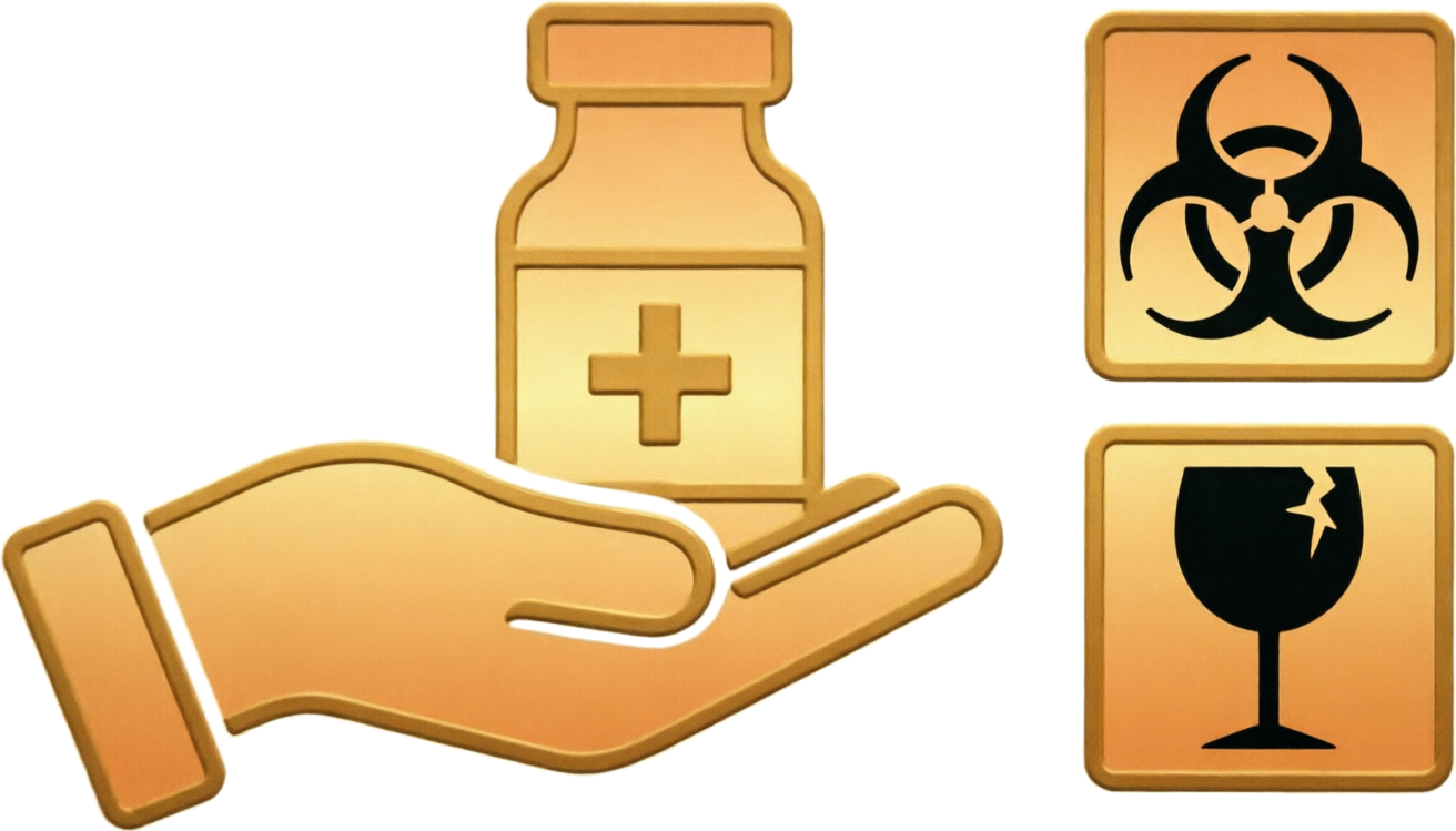 Sensitive Materials: hand holding pharmaceutical vial with biohazard and fragile signs